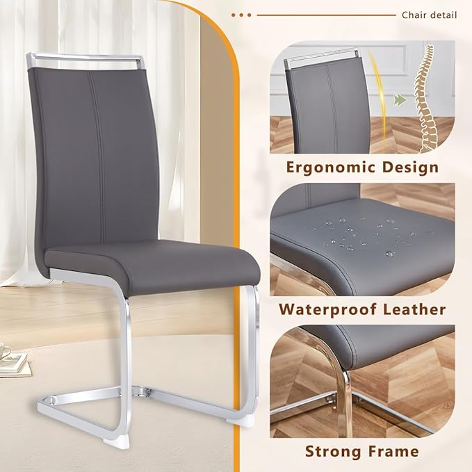 63'' Glass Dining Table Set for 6, Kitchen Table Chairs Set of 6, Clear Glass Dining Table with White unique design Leg and Silver Metal Base, 6 PU Dining Chairs with Metal Legs, Living Room, Kitchen.