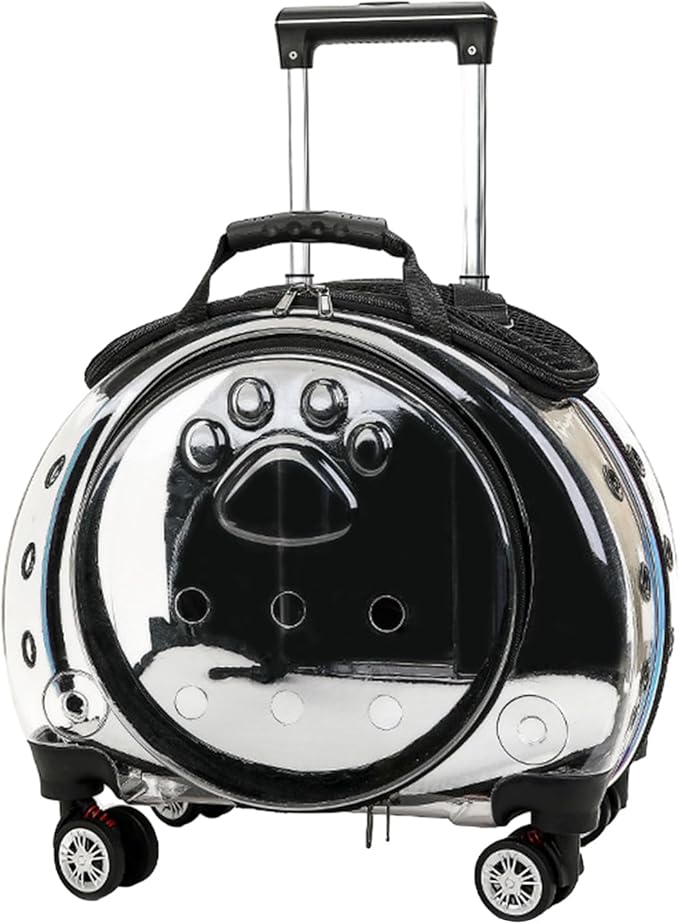 Pet Trolley Case with Ventilation Holes, Pet Carrier,Rolling Carrier,Clear Window Trolley Case,Strollers for Small Dogs,Cat Carrier with Silent Wheels Telescopic for Travel Black