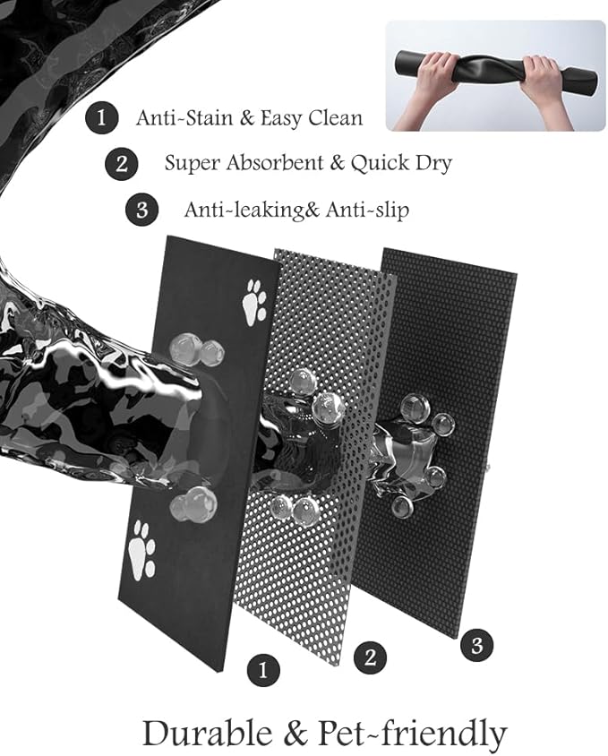 Pet Feeding Mat-Absorbent Dog Mat for Food and Water Bowl-No Stains Quick Dry Water Dispenser Mat-Dog Accessories Pet Supplies-Bowl for Messy Drinkers(Black,12"x19"