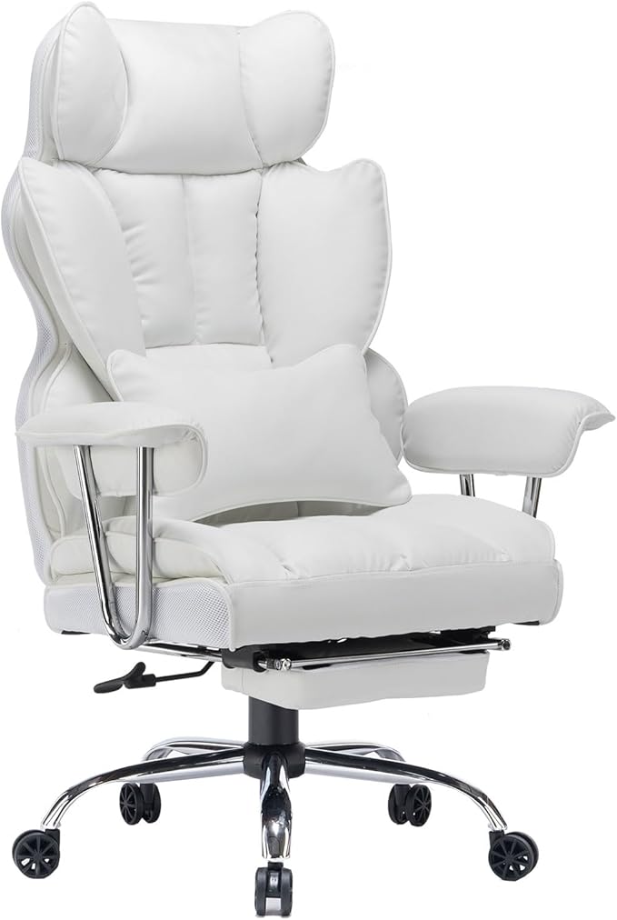 Efomao Big and Tall Office Chair 400lbs – PU Leather Executive Office Chair with Lumbar Support & Leg Rest, Heavy-Duty Computer Chair for Home Office, White