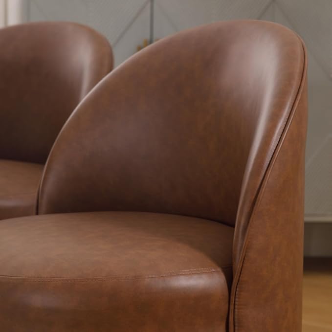 Modern Barrel Chair Swivel Base Cognac PU Leather Accent Chair 360°Rotating Vanity Chair Mid-Century Dining Side Chair Kitchen Chair for Living Room, Bedroom, Home, Office, Kitchen(Brown)