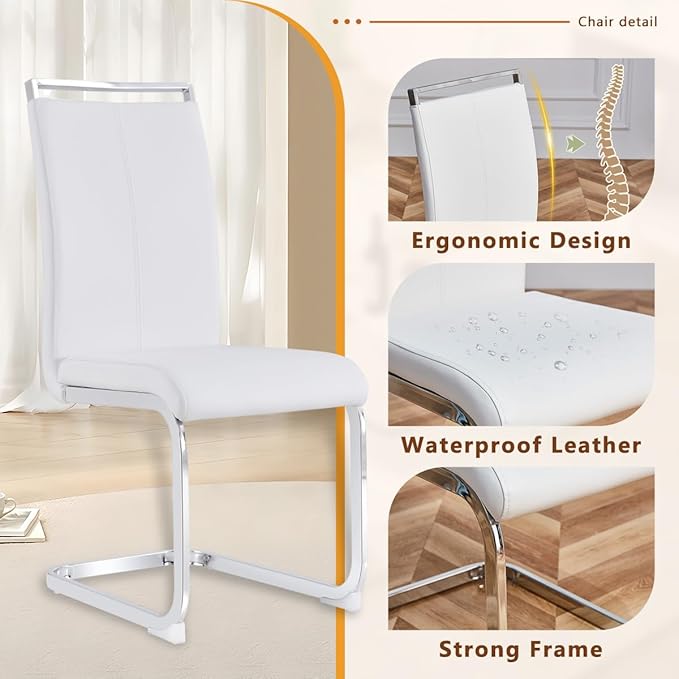 63'' Glass Dining Table Set for 6, Kitchen Table Chairs Set of 6, Clear Glass Dining Table with White unique design Leg and Silver Metal Base, 6 PU Dining Chairs with Metal Legs, Living Room, Kitchen.