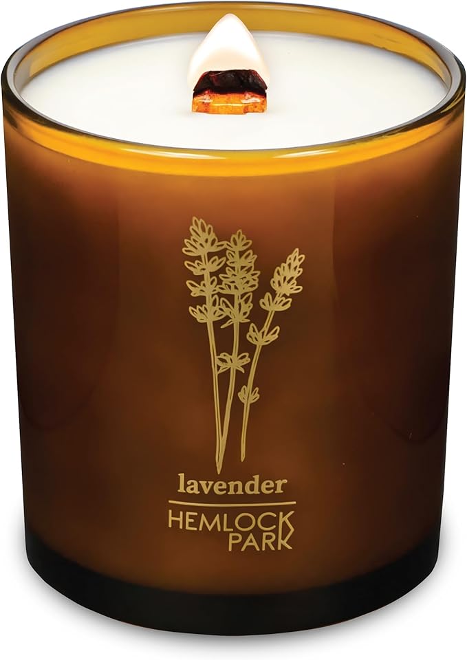 Hemlock Park Amber & Gold Wood Wick Candle Handcrafted with Natural Coconut Wax (Large 14 oz, Lavender)