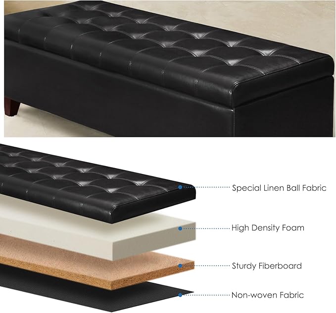 Joveco Storage Ottoman Bench, 51 Inch Leather Tufted Upholstered Bench for End Foot of Bed, Bedroom, Living Room, Black