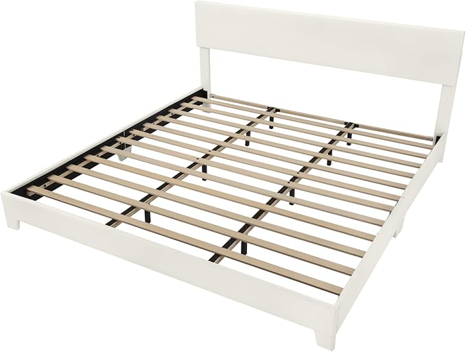 Allewie King Size Bed Frame with Adjustable Headboard, Faux Leather Platform Bed with Wood Slats, Heavy Duty Mattress Foundation, No Box Spring Needed, Noise-Free, Easy Assembly, White