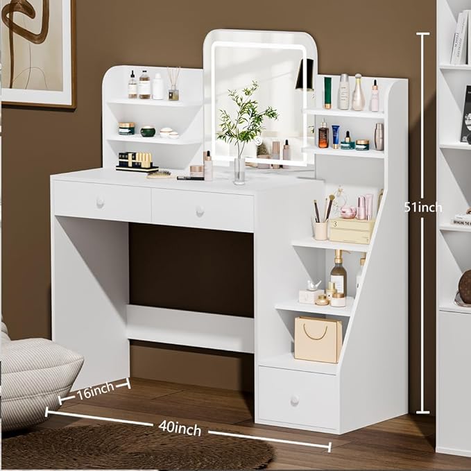White Makeup Vanity Desk with LED Mirror & 5-Tier Sloped Shelves, 7 Open Storage Areas & 3 Drawers, Adjustable 3-Color Lighting Dressing Table