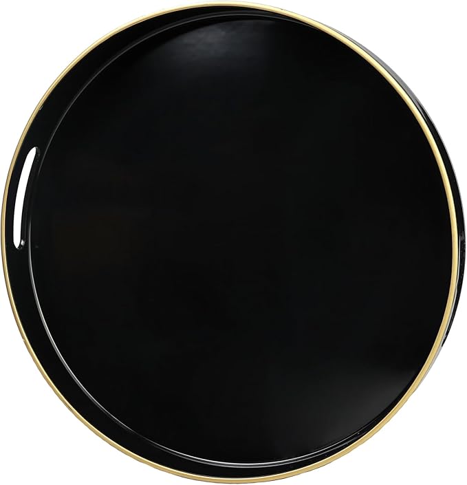 Black Round Decorative Tray with Handles, 13" Elegant Coffee Table Serving Tray for Ottoman Living Room, Bathroom, Outdoors, Breakfast