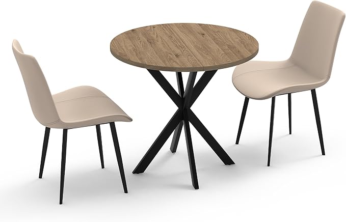 31.5" Round Dining Table and Chairs Set for 2, Small Dining Table Chairs Set Space-Saving, Round Table Set with Upholstered Chairs for Kitchen Dining Room Apartment(Natural + Beige)