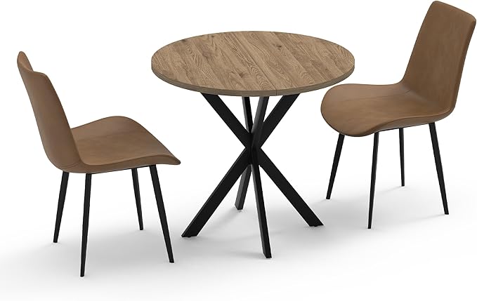 31.5" Round Dining Table and Chairs Set for 2, Small Dining Table Chairs Set Space-Saving, Round Table Set with Upholstered Chairs for Kitchen Dining Room Apartment(Natural + Brown)