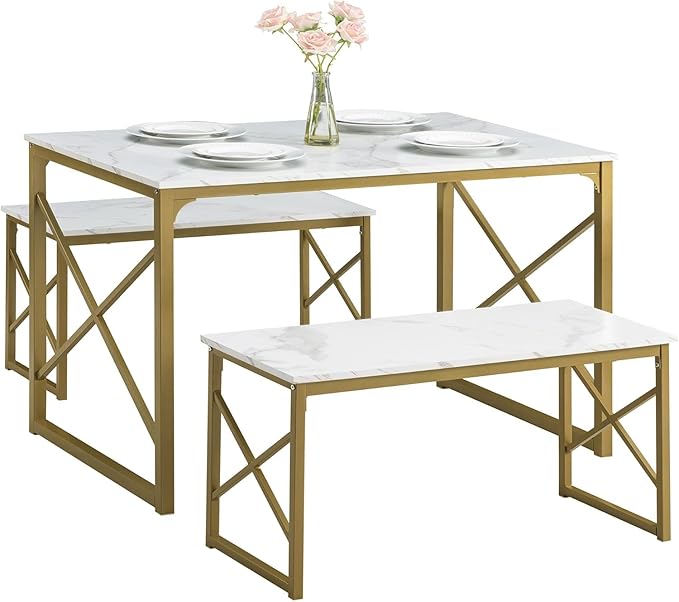 VECELO Kitchen Dining Table Benches Set for 4, 43.3" Wooden Dinette with 2 Benches, Heavy-Duty Dining Room Table for Small Space, Breakfast Nook, Gold
