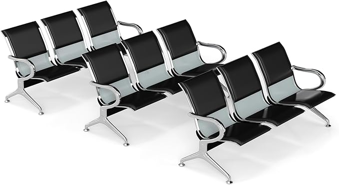 Kinfant 3-Seat Waiting Room Bench Set - PU Leather Office Chair Guest Reception Waiting Room Chair for Airport, Hospital, Bank, Salon, Barbershop, Black(Set of 3)