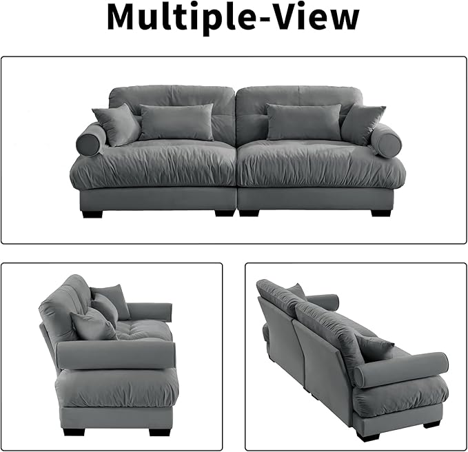 93.7” Oversized Grey Velvet Loveseat Sofa, Deep Seat 2-Seater Modular Sectional Couches for Living Room with 4 Pillows, Cloud Home Sofas Set, Love Seat Couches