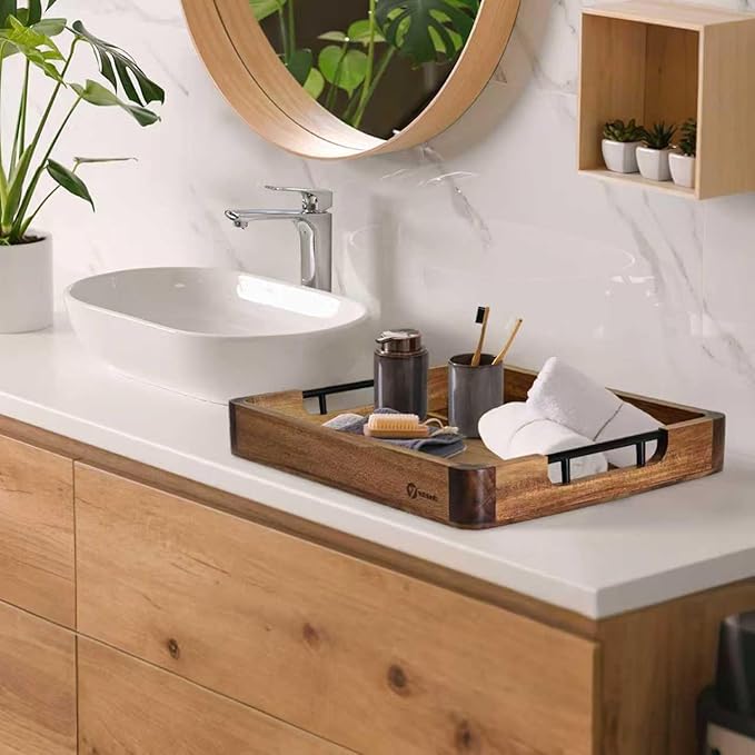 Wood Serving Tray with Handles, 17"x13" Large Decorative Ottoman Tray for Coffee Table, Walnut and Acacia Wooden Serving Trays for Party, Home Decor Rectangular Platters with 3 Silicone Mats