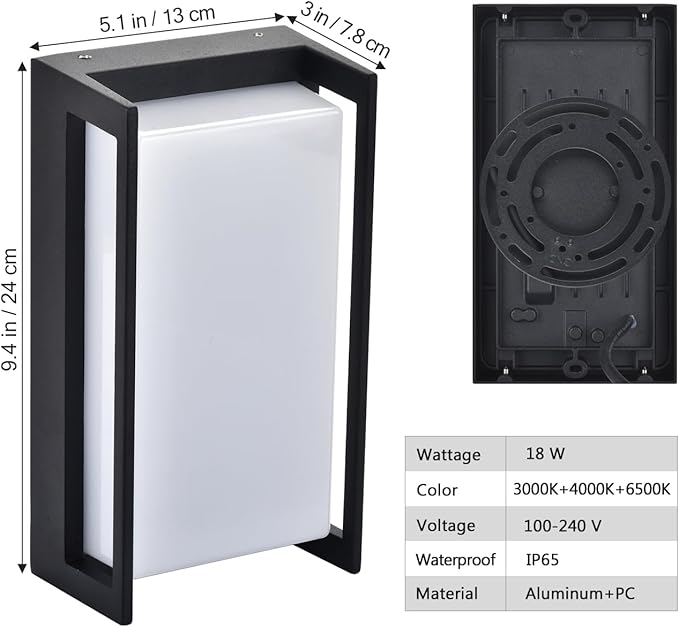 wowlite Outside Lights for House LED, 18W Modern Front Porch Light 3000K 4000K 6500K 3 Colors Changeable, Aluminum Outdoor Light Fixture, Exterior Sconce for Garage Garden Patio