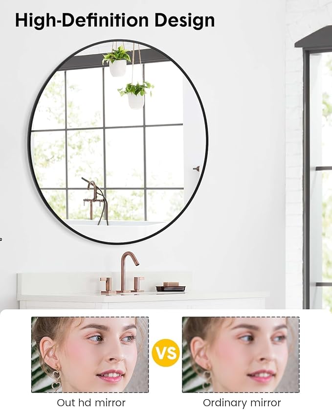 32 Inch Black Circle Wall Mirror, Modern Round Metal Framed Mirror for Bathroom, Entryway, Living Room, Bedroom, Dining Room, Hallway, Decorative Home Décor, Easy Mount