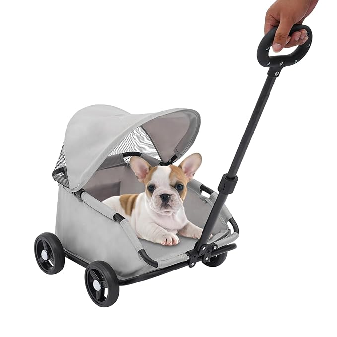 Small Dog Stroller, Pet Stroller for Shopping Walking, 4 Wheels Folding Dog Cart, for Cats/Dogs Weighing Less Than 15.43 Pounds (Grey)
