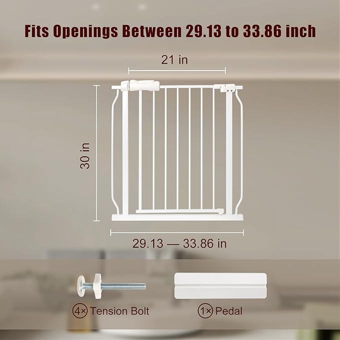Baby Gate with Door 29.13-33.86 Pressure Mounted,Child Dog Pet Safety Gates with Walk Through Door for Doorways Stairs No Drilling in Door,White