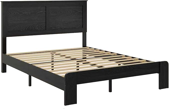 Queen Size Bed Frame, Vintage Platform Bed Frame with Wood Headboard and Footboard, 12 Wood Slats Support, No Box Spring Needed (Black)