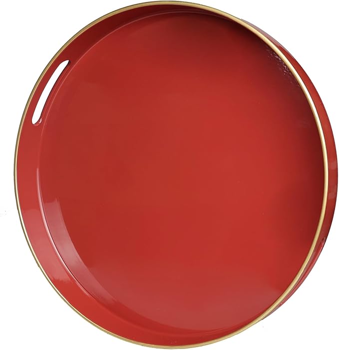 Red Round Decorative Tray with Handles, 13" Elegant Coffee Table Serving Tray for Ottoman Living Room, Bathroom, Outdoors, Breakfast