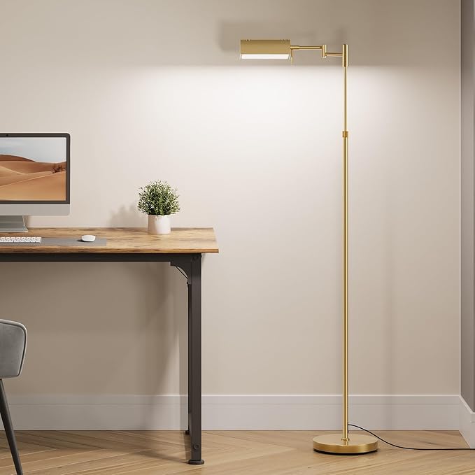 SUNMORY Dimmable LED Pharmacy Floor Lamp, 16W/1500LM Bright Reading Floor Lamp with Remote & Touch Control, 350°Swing Arm, Adjustable Task Craft Standing Lamp for Living Room Bedroom Office, Gold