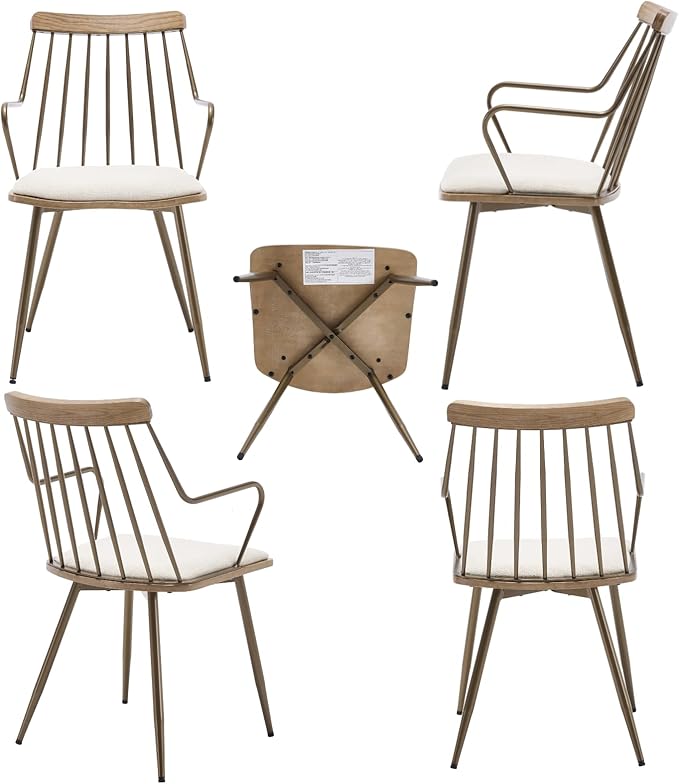 Modern Dining Chairs Set of 2, Upholstered Dining Chairs with Metal Leg, Wood Kitchen Chairs with Fence-Like Back and Curved Arm for Dining Room Kitchen Restaurant Reception (Beige)