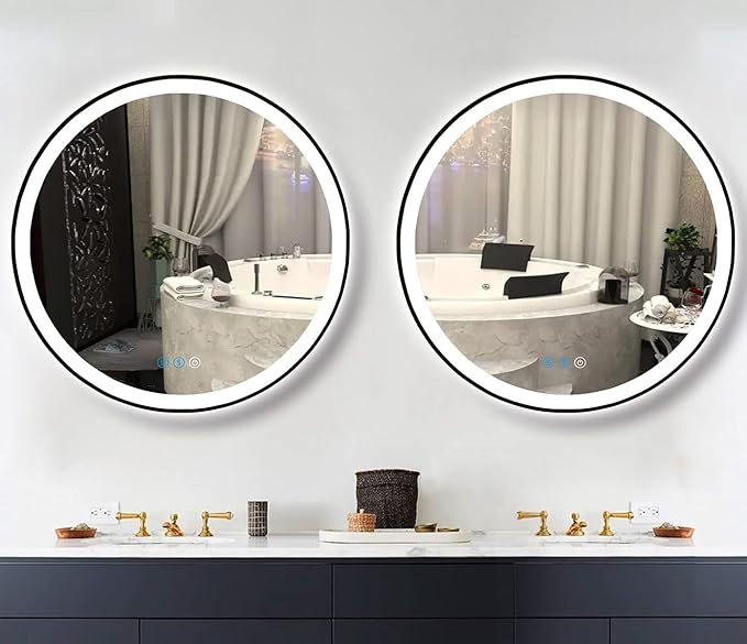 30 Inch Black Frame Bathroom Round Lighted Vanity Mirror with Lights for Bathroom Wall 30 Inch Black Round LED Mirror Antifog 3 Color Dimmable 30" Smart Makeup Light up Circle LED Mirrors