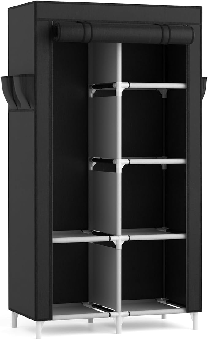 ROJASOP Portable Closet Wardrobe Closet for Hanging Clothes with 6 Storage Shelves, 1 Hanging Rod and 4 Pockets, Free Standing Closet Clothes Organizer for Bedroom, Sturdy and Easy Assemble