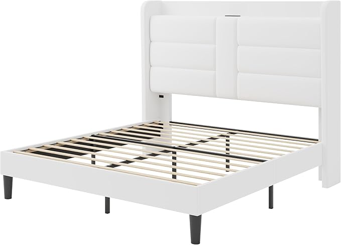 SHA CERLIN Full Size Bed Frame with Charging Station & Storage Headboard, Velvet Platform Bed with Upholstered Modern Wingback Design, Wooden Slats Support, No Box Spring Needed, Easy Assembly, White