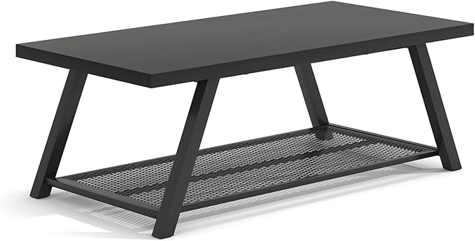 FOLUBAN Black Coffee Table, Modern Rustic Wood and Metal Living Room Table with Storage Shelf, Industrial Rectangle Cocktail Tea Table, 47 Inch