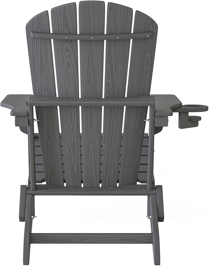 Plawdlik Folding Adirondack Chair, SGS Tested, Wooden Textured with Cup Holder, Heavy All-Weather HDPE Comfortable Set Poolside Backyard Lawn Grey Set 4