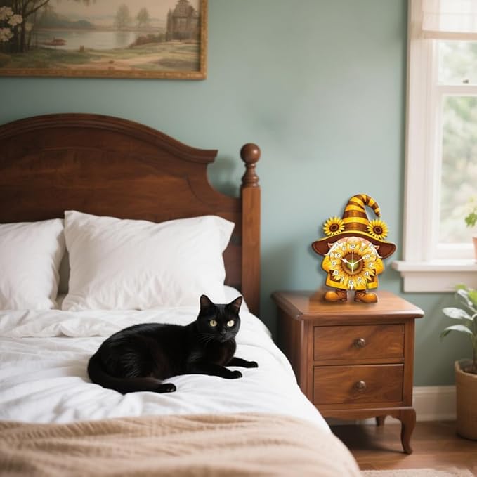 CHGCRAFT Sunflower Gnome Pattern Wall Clock 16.1 Inch Wood Grain Non-Ticking Irregular Shape Clocks Wall Hanging Clock Battery Operated for Bedroom Living Room Kitchen Office