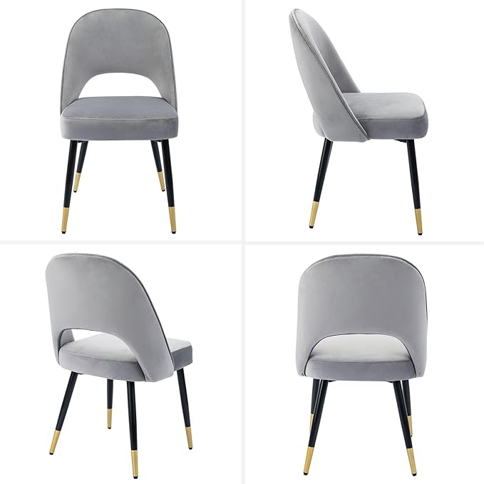 DUOMAY Modern Dining Chair Set of 2 with Open Back, Velvet Upholstered Armless Chair with Metal Frame Side Chair for Kitchen Dining Room Living Room, Grey