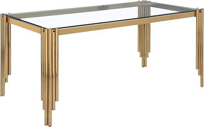 65" Rectangle Glass Dining Table, Glass Kitchen Table w/Tempered Glass Tabletop and Stainless Steel Gold Legs, Modern Glass Dining Room Table for Home, Kitchen, Dining Room