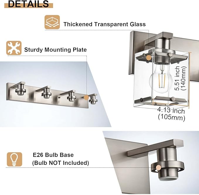 2-Lights Wall Sconce Lighting E26 Bulb Base, Modern Brushed Nickel Bathroom Vanity Light for Over Mirror Bedroom Cabinet, Wall Light Fixtures with Clear Glass Shades