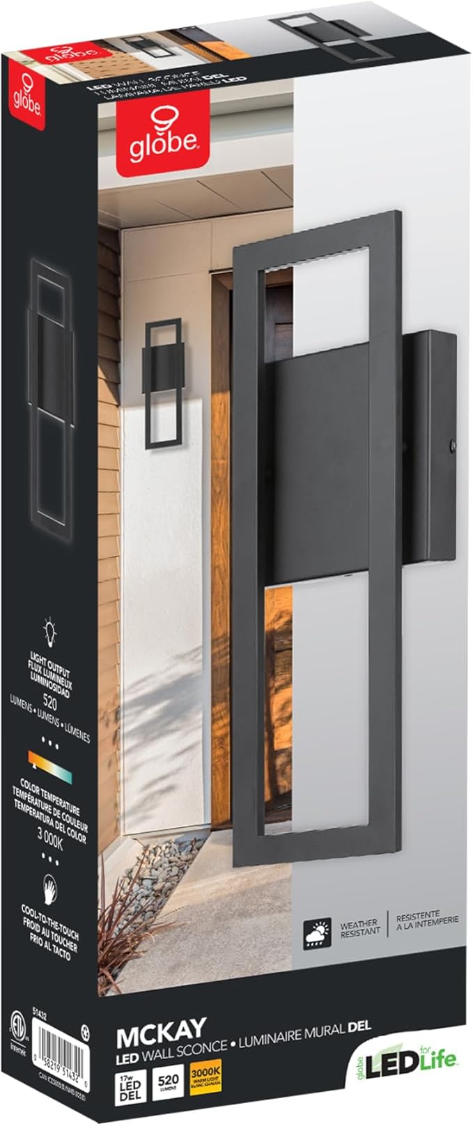 GLOBE Electric 51432 LED Integrated Outdoor Indoor Wall Sconce, Black, 17 Watts, 520 Lumens, Back Porch Lights, Front Patio, Garage Fixture, Exterior Lighting for House