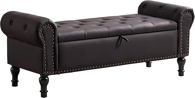 Storage Bench for Bedroom, 51" Upholstered End of Bed Bench, Faux Leather Queen Size Benches with Rolled Arms, Tufted Button Storage Long Ottoman, Living Room, Entryway, Coffee