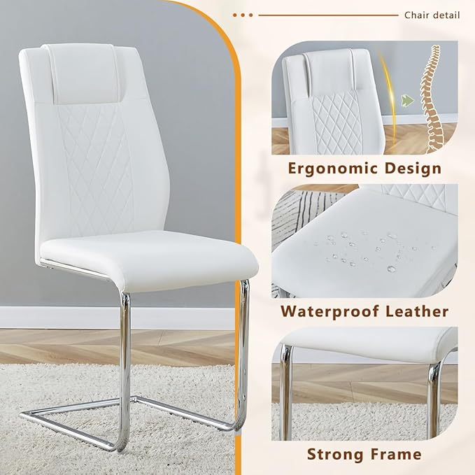 63'' Glass Dining Table Set for 4, Kitchen Table Chairs Set of 4, Clear Glass Dining Table with White unique design Leg and Silver Metal Base, 4 PU Dining Chairs with Metal Legs, Living Room, Kitchen.