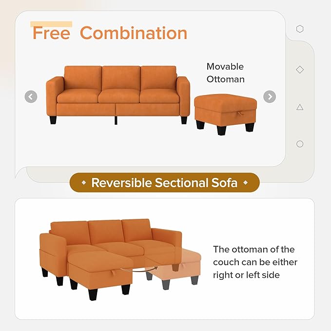 Sectional Sofa Couches for Living Room - 78''Convertible Modular Three-Seater L-Shaped Pet-Friendly Couch,Washable Sofa Cover-Bench Storage, Suitable for Small Living Room, Apartment,Office-Orange