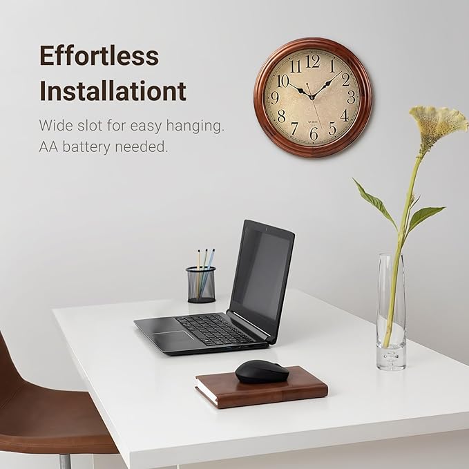 16-Inch Wood Wall Clock with Large Numbers, Retro Round Brown Clock Wall, Silent Non-Ticking for Living Room, Kitchen Wall Clocks