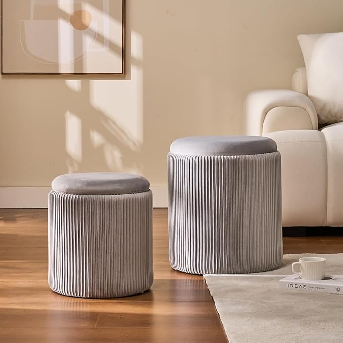 Round Set of 2 Ottoman with Storage-Upholstered Velvet Vanity Stool for MakeupMultifunctional Ottomans Coffee Table Padded Seat Foot Rest for Living Room&Bedroom(Ligth Grey)