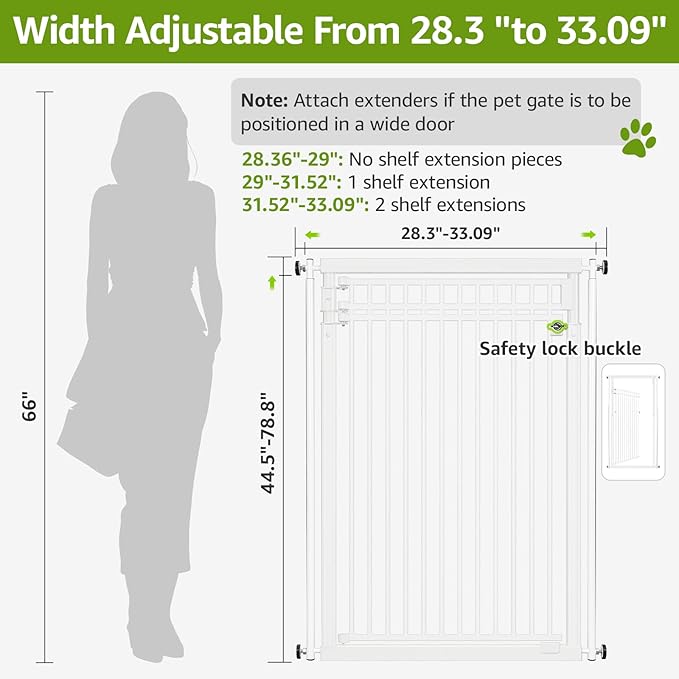 78.8" Extra Tall Cat Gate, 28.3-33" Wide Safety Metal Cat Door, Pressure Mounted Easy Walk Through Pet Gate with Door for Stairs, Doorways (White)