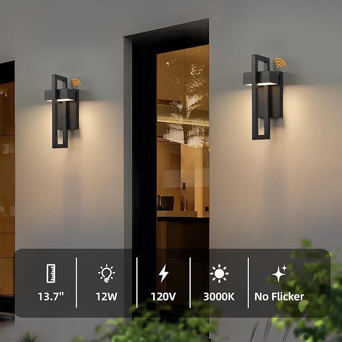 tewei LED Outdoor Wall Sconce Dusk to Dawn Outdoor Lighting, Modern Exterior Lighting Fixtures, Black LED Front Porch Lights Outside Wall Mount Lights for House, Hallway, Warm White 3000K, 2 Pack