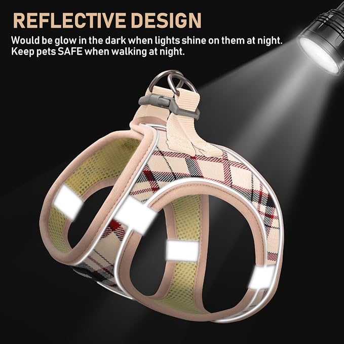 GAMUDA Small Dog Harness Collar and Leash Set, Step in No Chock No Pull Soft Mesh Adjustable Dog Vest Harnesses Plaid Reflective for Dogs Puppy Cats Kitten Rabbit (Beige, XL)