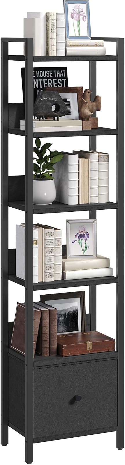 Bookshelf, 6-Tier Bookcase with Drawer, Small Book Shelf for Small Space, Storage Shelf Organizer, for Living Room, Bedroom, Study, Kitchen, Black BKHB66101