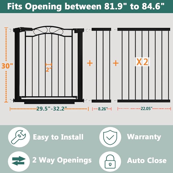 81.9"-84.6" Extra Wide Baby Gate for Stairs, Pressure Mounted Auto Close Child Pet Safety Gate with Door No Drill, Large Long Dog Gate for The House and Doorways, Black