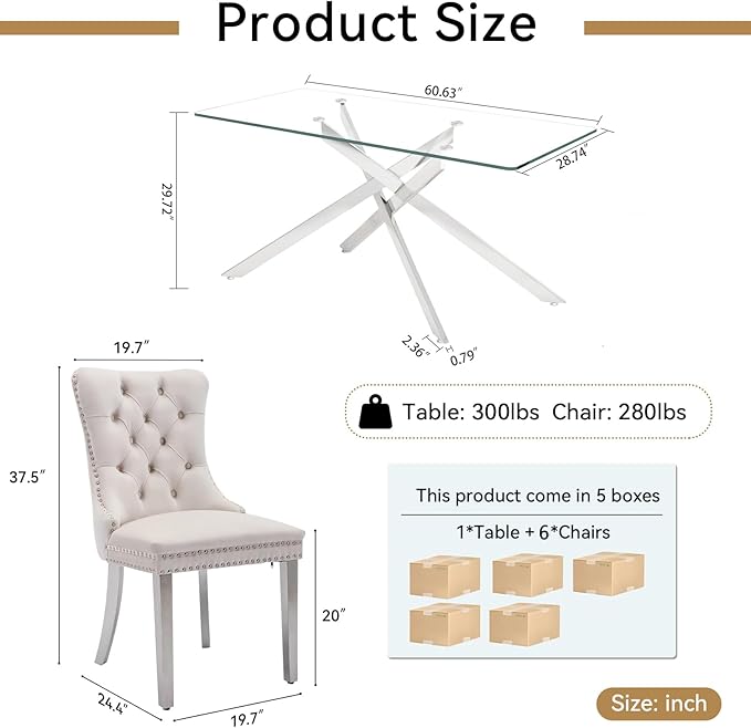 Goujxcy Glass Dining Table Set for 6, Modern Kitchen Table and Chairs Set of 6, 7-Piece Kitchen Dining Room Table Set w/61 Glass Silver Dining Table and 6 Beige Velvet Upholstered Chairs