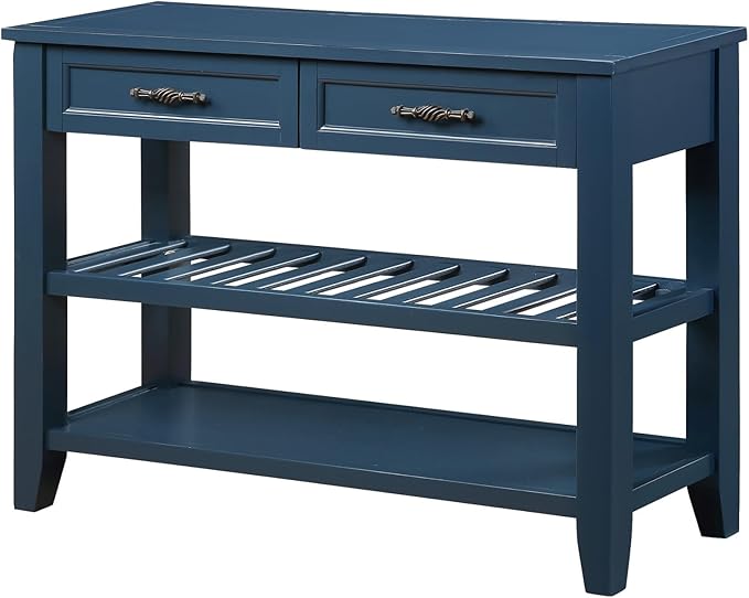 KEIKI 42”L Pine Solid Wood Entryway Console Table with 2 Storage Drawers, Mid-Century Retro Behind Couch Sofa Table with 2 Tiers Open Shelf for Hallway, Entrance, Entry Way, Living Room, Foyer