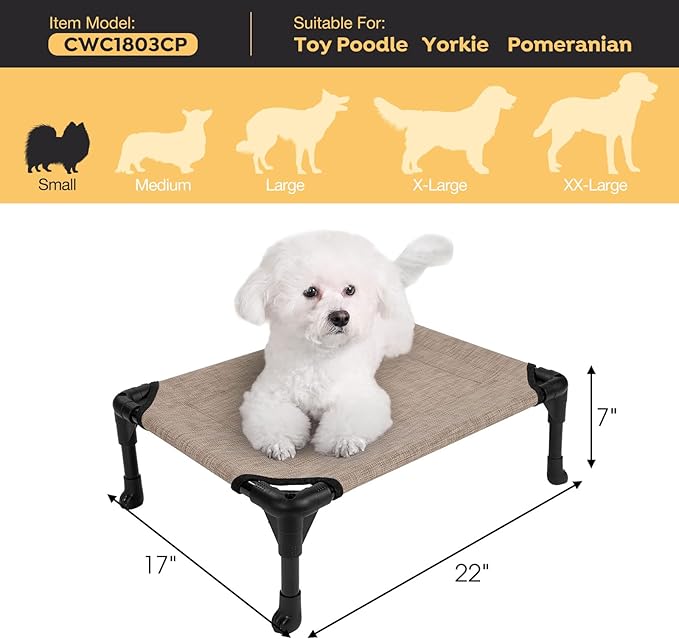 Veehoo Outdoor Elevated Dog Cot Bed, Cooling Raised Pet Bed for Small Dogs, Washable Breathable Mesh Hammock Bed with No-Slip Feet, Indestructible Ground Off Training Platform Cot-22"x17" Beige Coffee