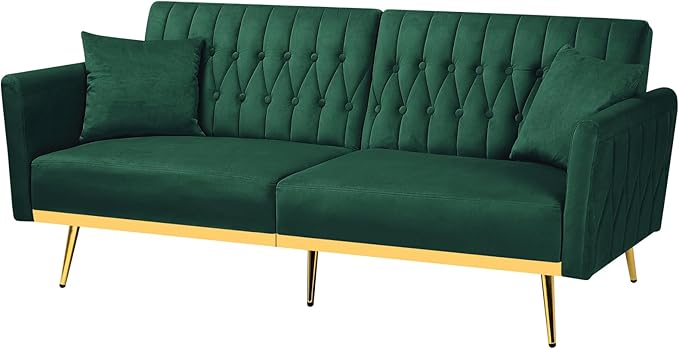 70” Velvet Futon Sofa Bed w/Adjustable Backrests and Armrests, Convertible Futon Couch with 2 Pillows, Modern Tufted Sleeper Bed for Living Room, Bedroom,Green