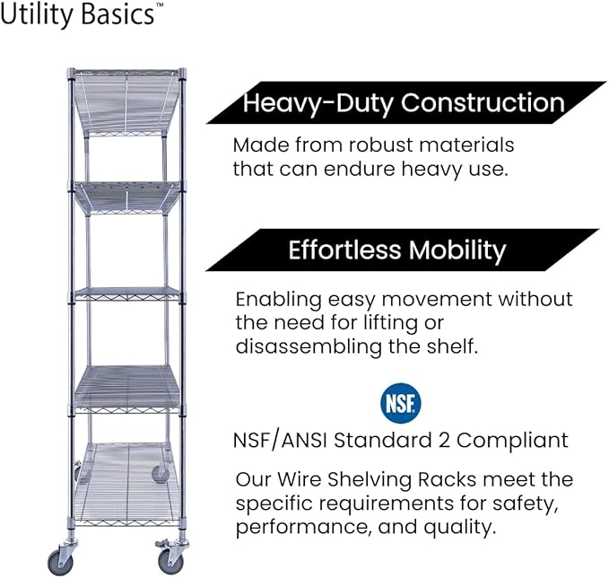 NSF Commercial 5-Tier Wire Shelving with Wheels, 48"x18"x72" Heavy Duty Metal Shelves 4000 lbs Max Capacity, Chrome Storage Rack for Garage Kitchen Pantry Warehouse